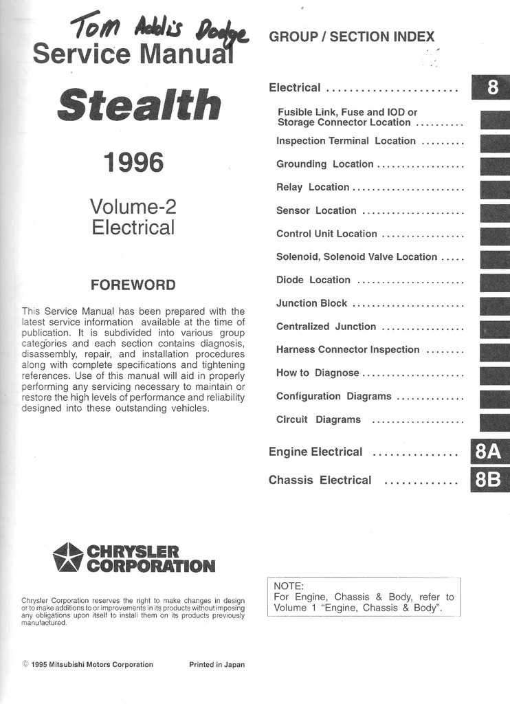 1996 Dodge Stealth Shop Maintenance Repair Service & Electrical Manual 2 Vol. Set