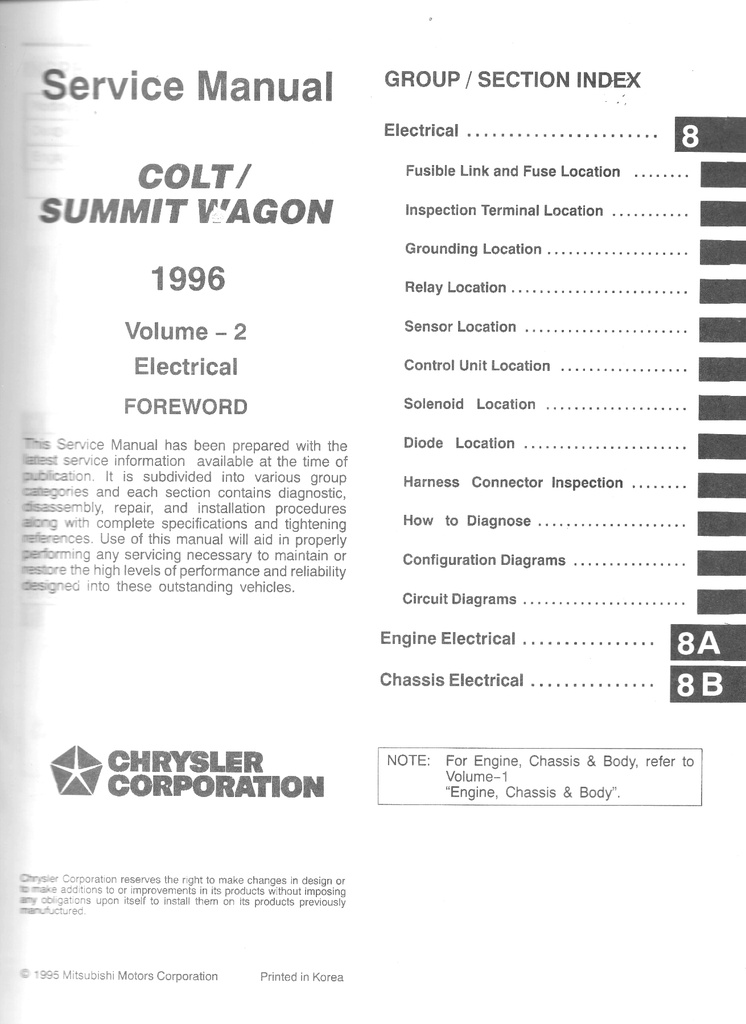 1996 Dodge/Plymouth/Eagle Colt/Summit Wagon Shop Maintenance Repair Service & Electrical Manual 2 Vol. Set