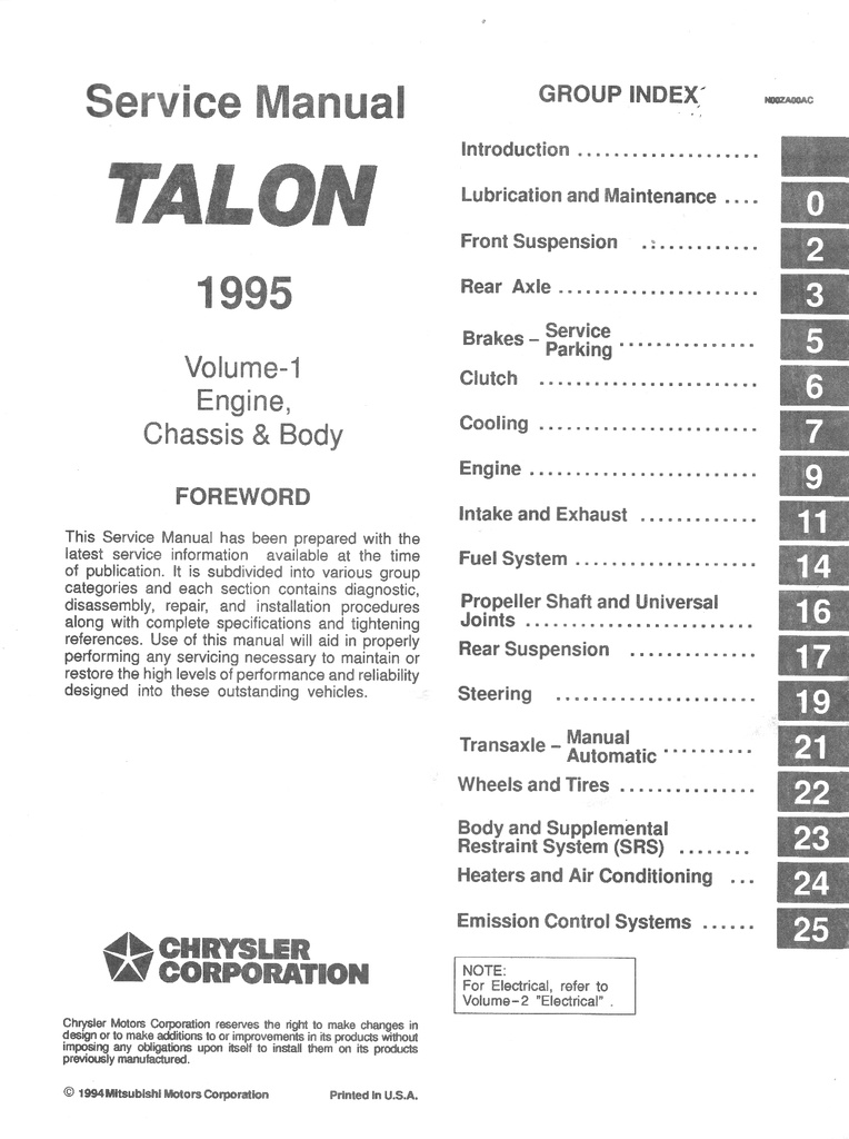 1995 Eagle Talon Shop Maintenance Repair Service & Electrical Manual 2 Vol. Set
