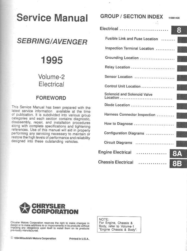 1995 Chrysler/Dodge Sebring/Avenger Shop Maintenance Repair Service & Electrical Manual 2 Vol. Set