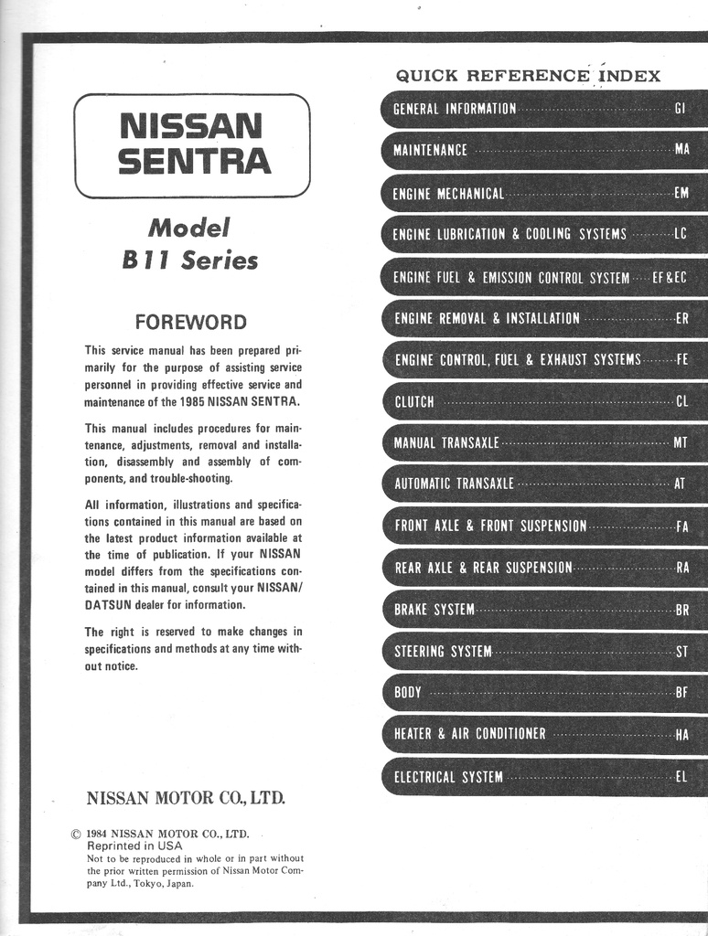 1985 Nissan Sentra Shop Repair Service Manual
