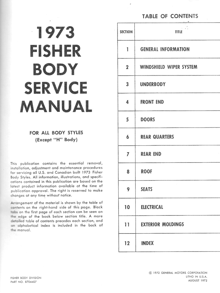 1973 Fisher Body Service Manual for all Chevrolet, Cadillac, Buick, Oldsmobile, Pontiac, and GMC Car Models