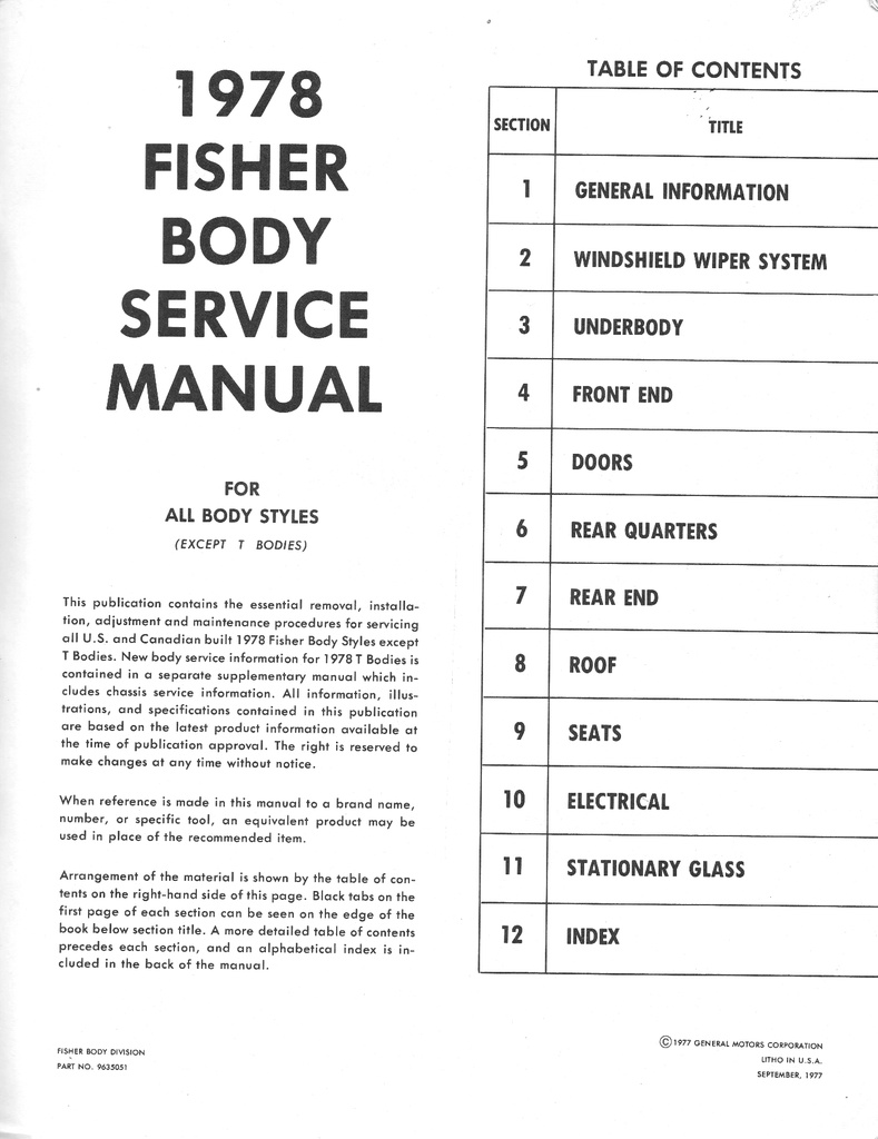 1978 Fisher Body Service Manual for all Chevrolet, Cadillac, Buick, Oldsmobile, Pontiac, and GMC Car Models