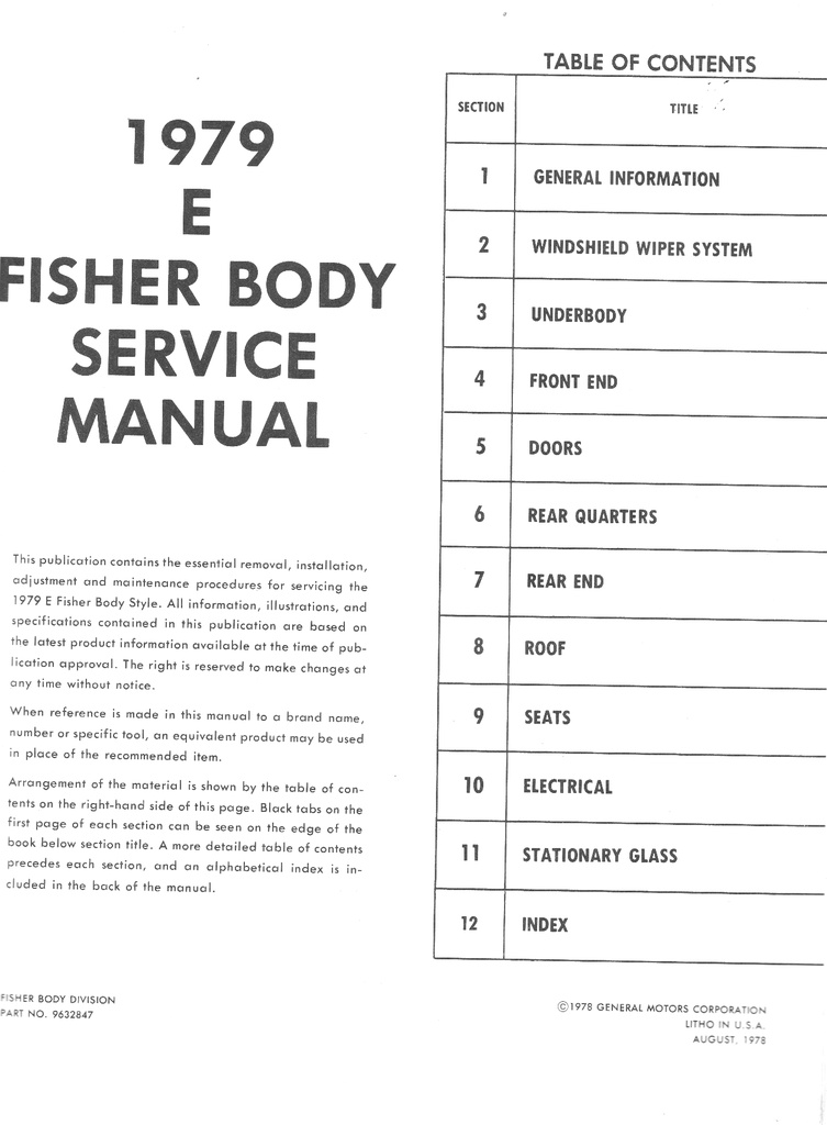 1979 Fisher Body Service Manual for E-Body Cars Cadillac Eldorado, Buick Riviera, Oldsmobile Toronado