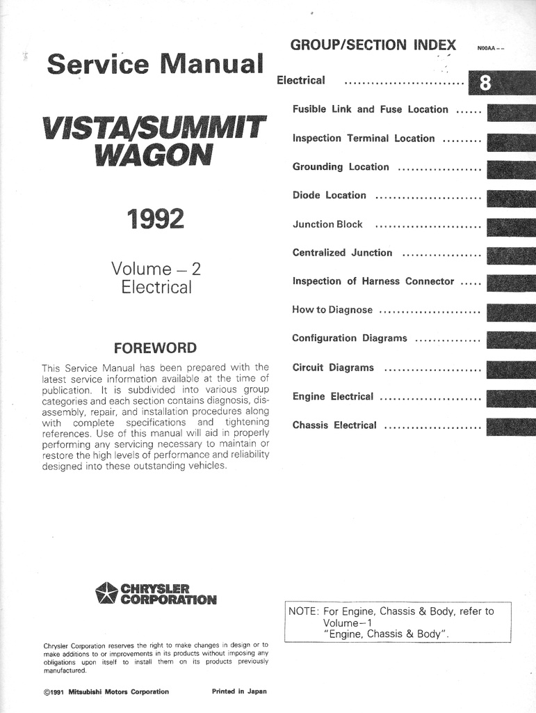 1992 Dodge/Plymouth/Eagle Colt Vista/Summit Wagon Shop Maintenance Repair Service & Electrical Manual 2 Vol. Set