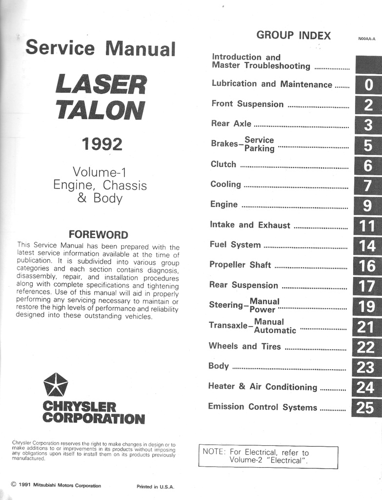 1992 Plymouth Laser Eagle Talon Shop Maintenance Repair Service & Electrical Manual 2 Vol. Set
