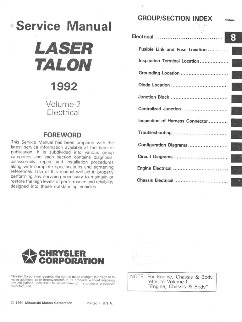 1992 Plymouth Laser Eagle Talon Shop Maintenance Repair Service & Electrical Manual 2 Vol. Set