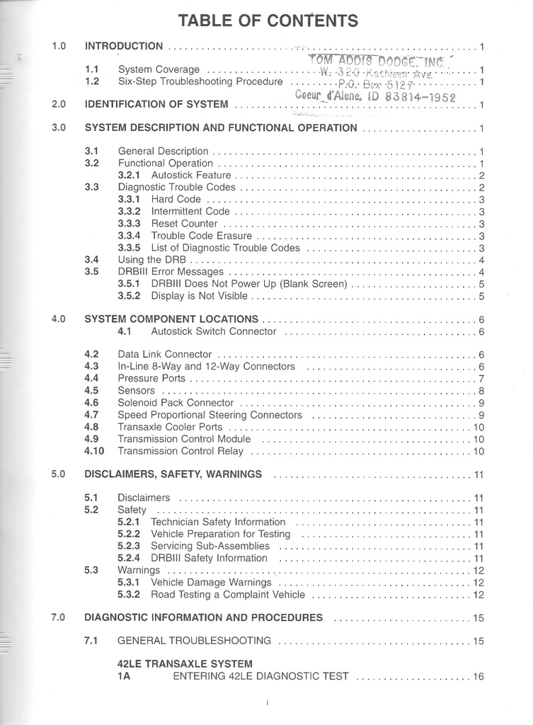 1996 Mopar 42LE Automatic Transaxle Powertrain Diagnostic Procedures for Concorde LHS New Yorker Intrepid Vision