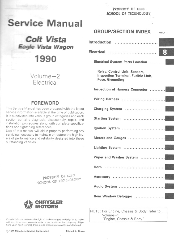 1990 Dodge/Plymouth/Eagle Colt Vista/Vista Wagon Shop Maintenance Repair Service & Electrical Manual 2 Vol. Set