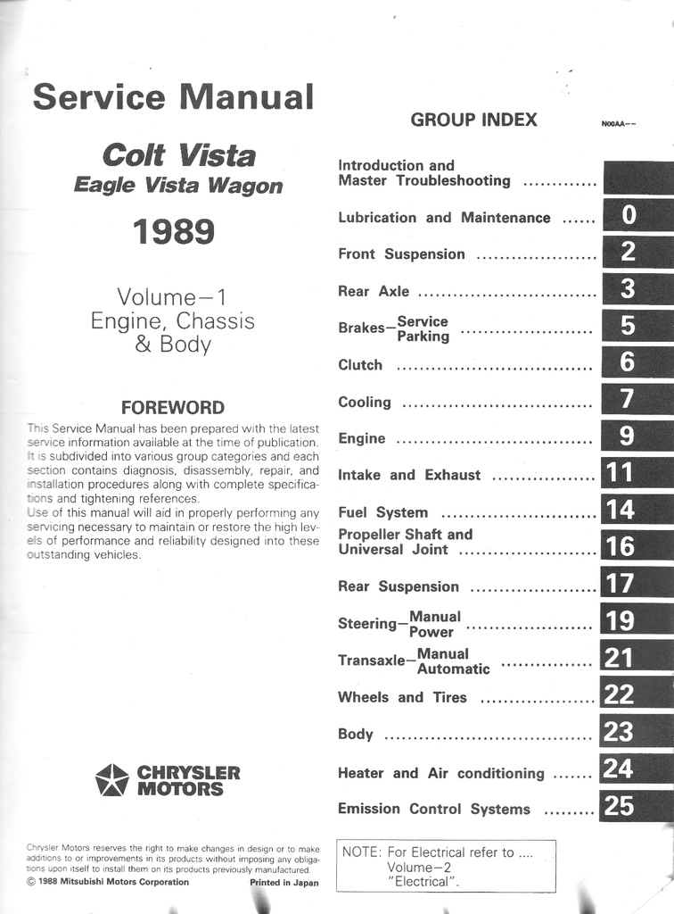 1989 Dodge/Plymouth/Eagle Colt Vista/Vista Wagon Shop Maintenance Repair Service & Electrical Manual 2 Vol. Set
