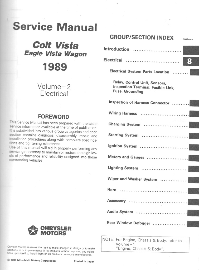 1989 Dodge/Plymouth/Eagle Colt Vista/Vista Wagon Shop Maintenance Repair Service & Electrical Manual 2 Vol. Set