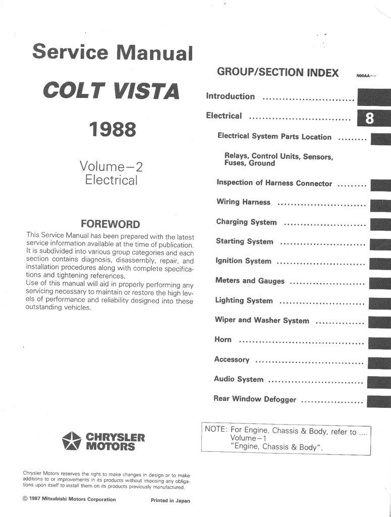 1988 Dodge/Plymouth Colt Vista Wagon Shop Maintenance Repair Service & Electrical Manual 2 Vol. Set