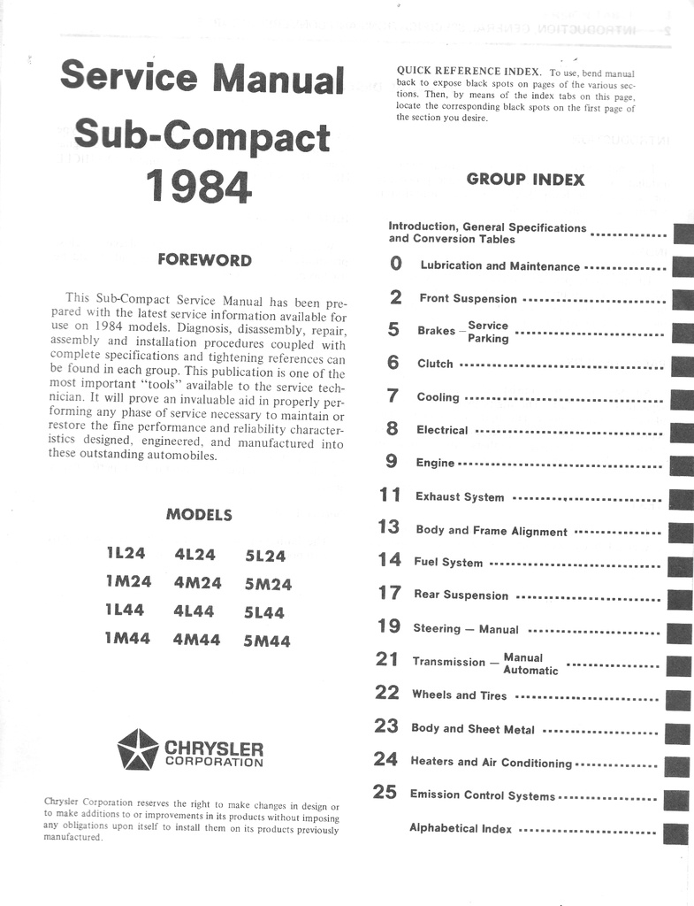 1984 Dodge/Plymouth Colt Shop Maintenance Repair Service Manual