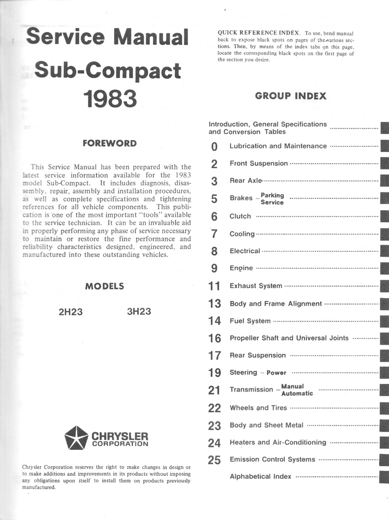 1983 Dodge/Plymouth Challenger/Sapporo Shop Maintenance Repair Service Manual