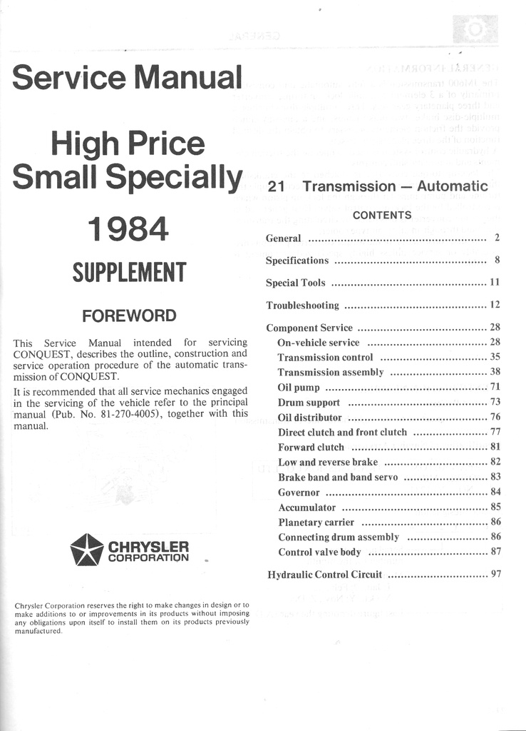 1984 Chrysler/Dodge/Plymouth Conquest Shop Maintenance Repair Service Manual & Supplement 2 Vol. Set