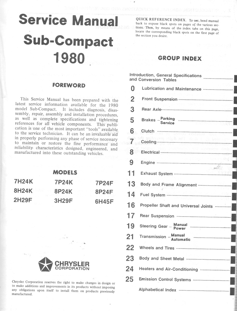 1980 Dodge/Plymouth Challenger/Sapporo/Colt/Arrow  Shop Maintenance Repair Service Manual