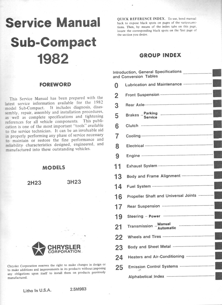 1982 Dodge/Plymouth Challenger/Sapporo Shop Maintenance Repair Service Manual