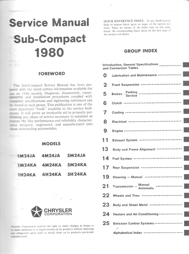 1980 Dodge/Plymouth Colt/Champ Shop Maintenance Repair Service Manual