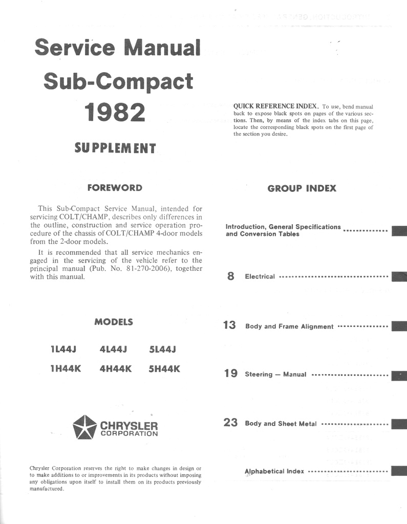 1982 Dodge/Plymouth Colt/Champ Shop Maintenance Repair Service Manual and Supplement
