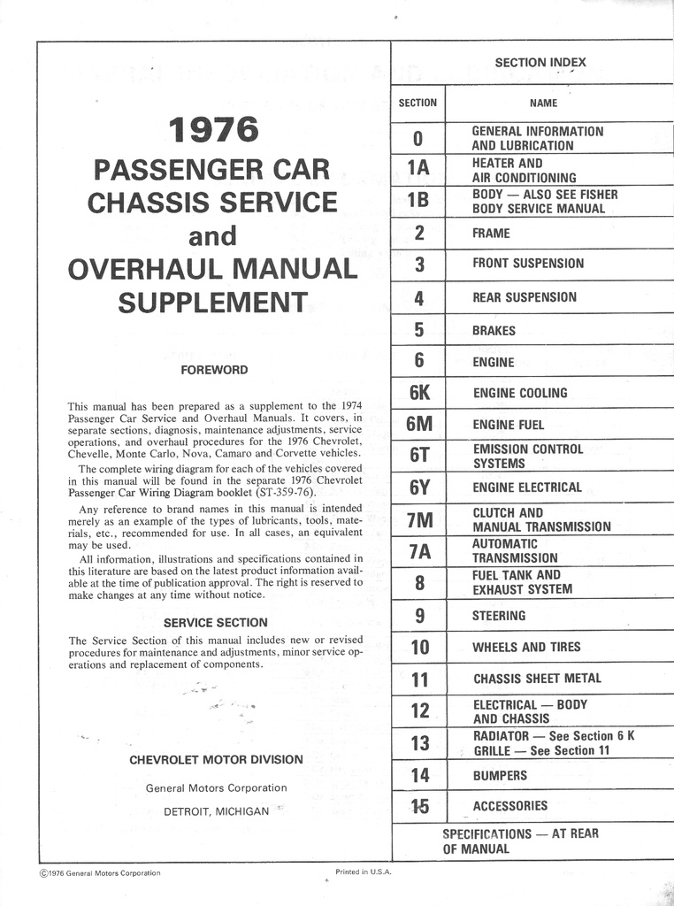 1976 Chevrolet Passenger Car Service and Overhaul Manual Supplement—Bel Air, Impala, Caprice Classic, Chevelle, Malibu, El Camino, Camaro, Monte Carlo, Nova, Corvette