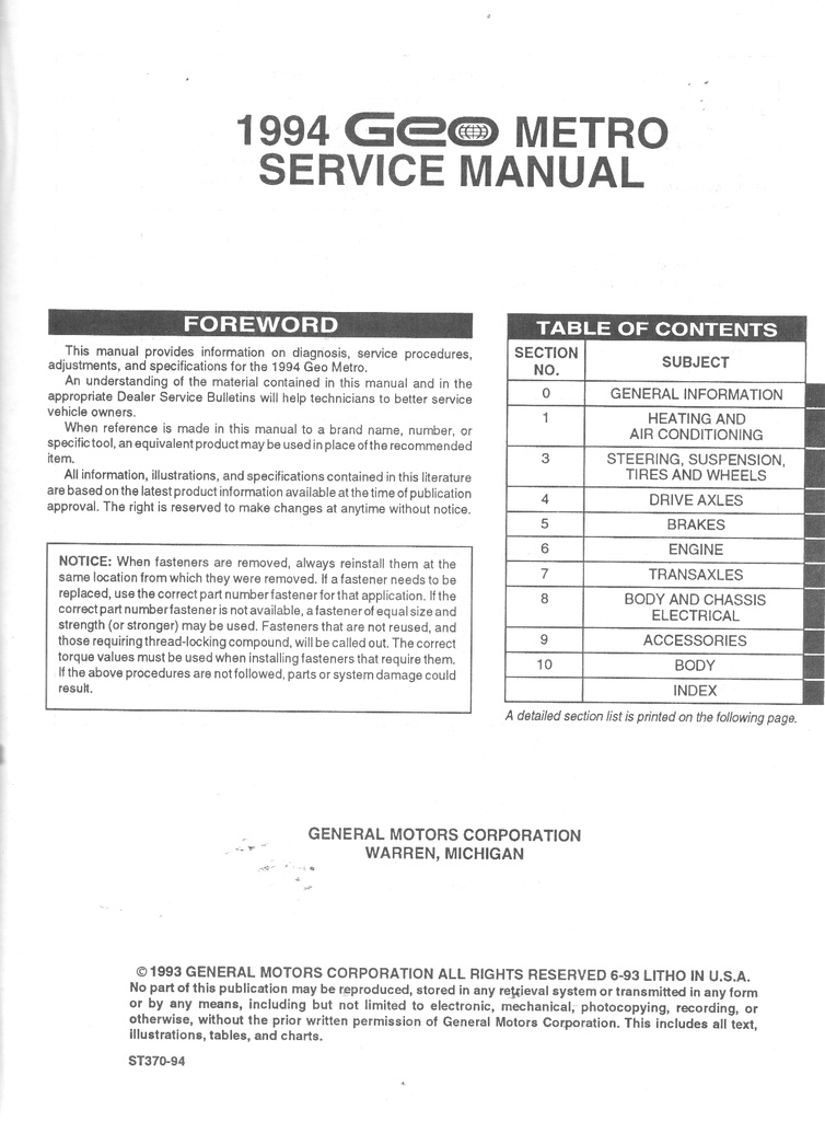 1994 Geo Metro M-Platform Shop Repair Maintenance Service Manual