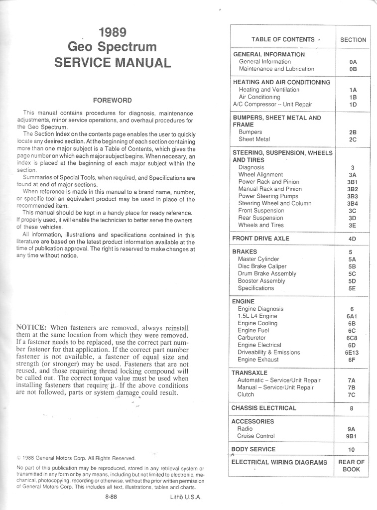 1989 Geo Spectrum Shop Repair Maintenance Service Manual