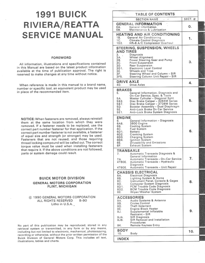 1991 Buick Riviera Reatta OEM Shop Service Repair Manual