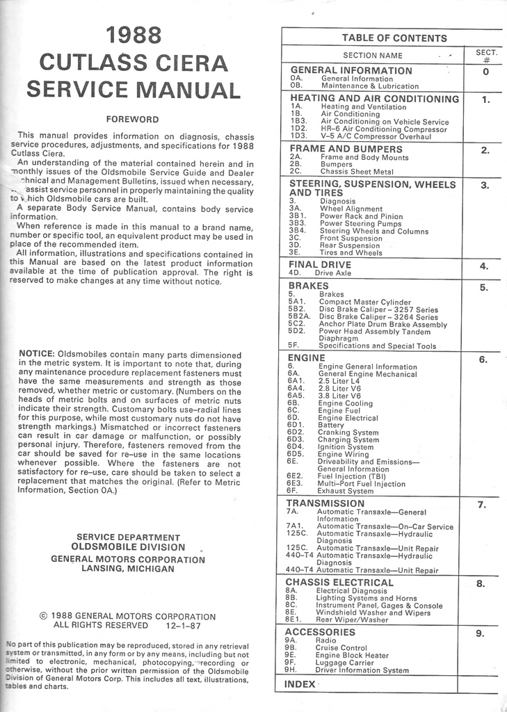 1988 Oldsmobile Cutlass Ciera Cutlass Cruiser OEM Shop Service Repair Chassis Manual