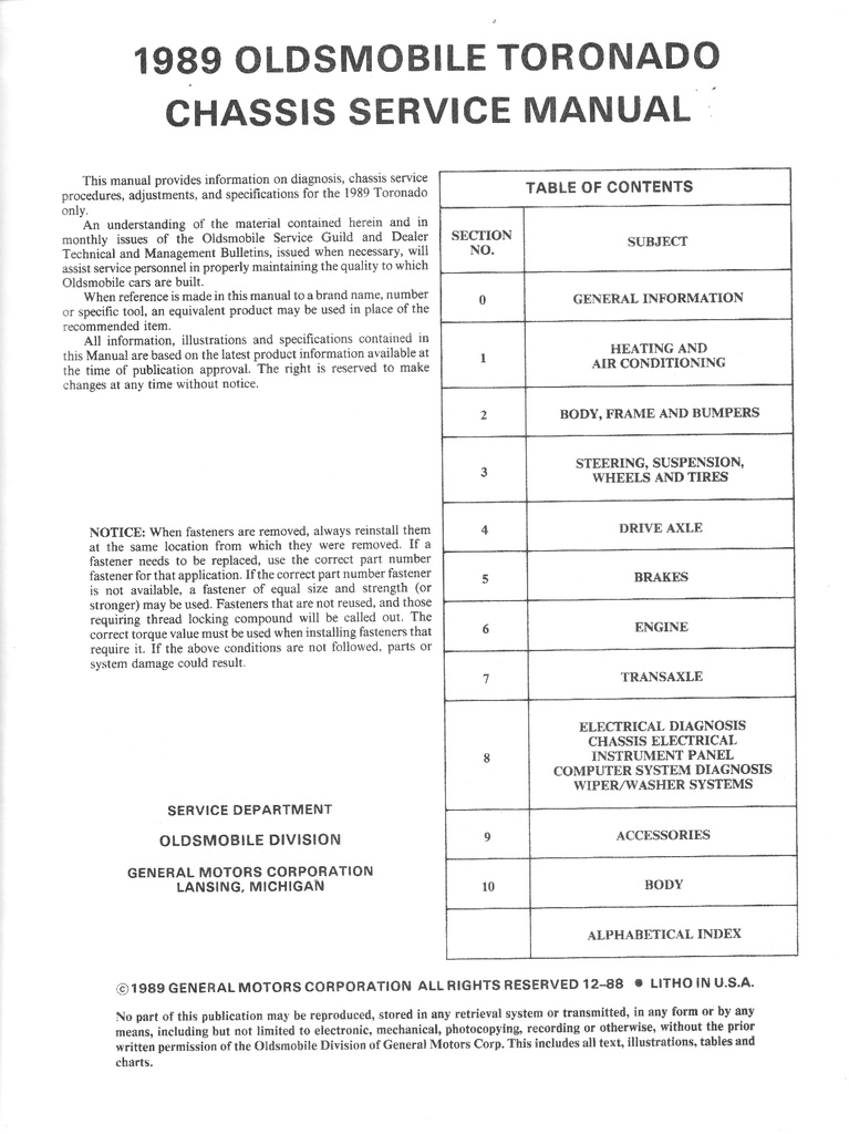 1989 Oldsmobile Toronado OEM Shop Service Repair Chassis Manual