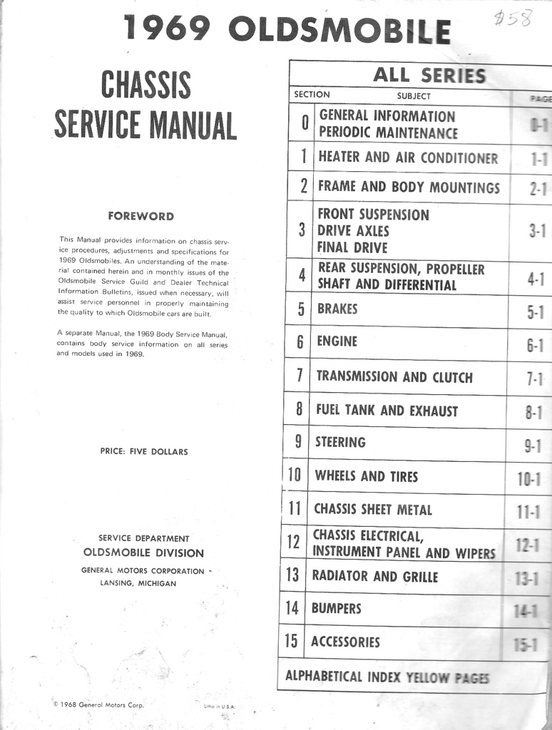 1969 Oldsmobile Factory OEM Shop Service Repair Manual 442 Cutlass Supreme Toronado Delta 88 98 Vista Cruiser F-85