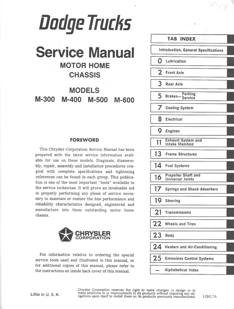 1976 Dodge Motor Home Chassis M-300 M-400 M-500 M-600 Shop Maintenance Repair Service Manual