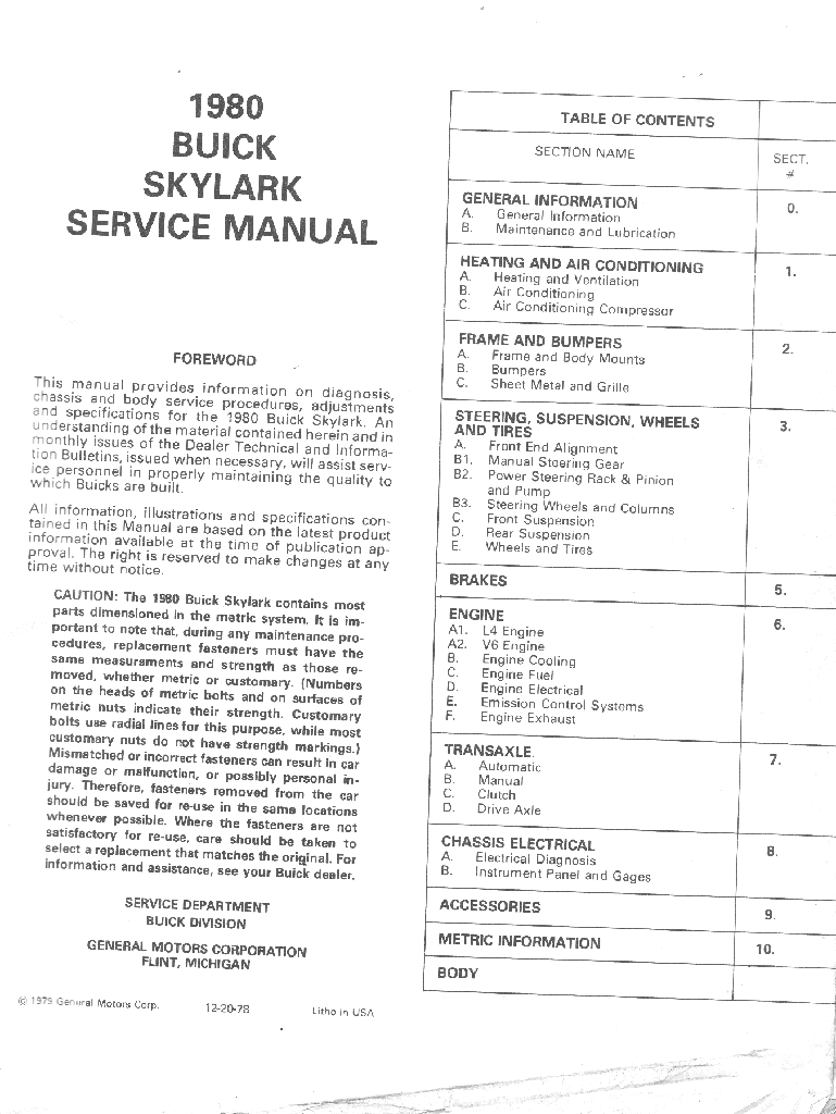 1980 Buick Skylark Factory Repair Maintenance Shop Chassis & Body Service Manual