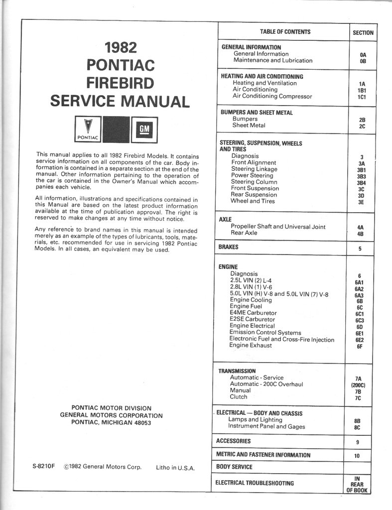 1982 Pontiac Firebird Factory OEM Shop Service Repair Manual