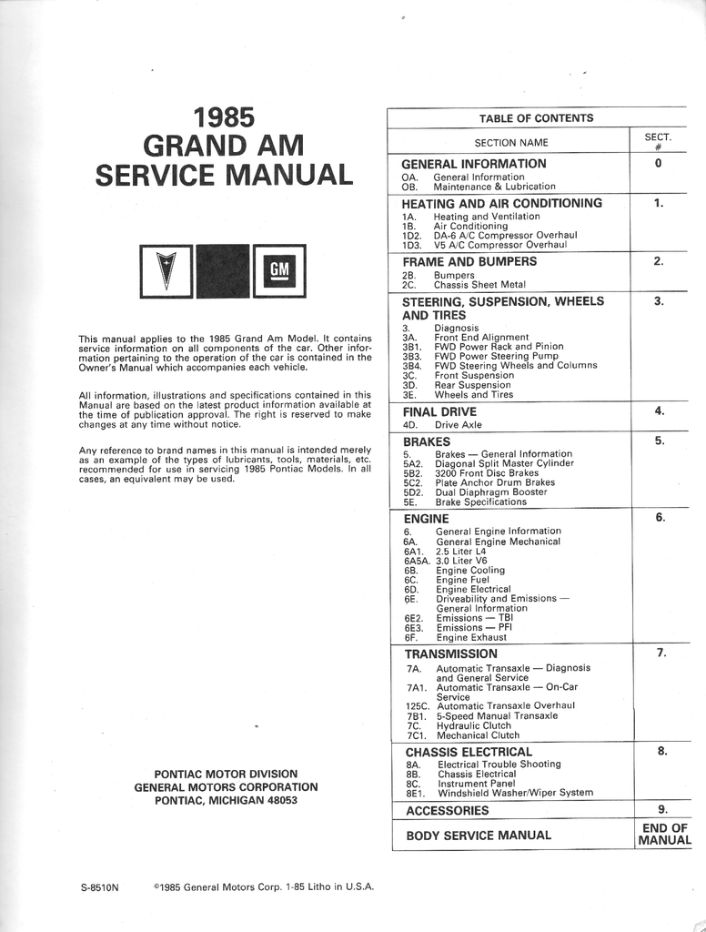 1985 Pontiac Grand Am Factory OEM Repair Shop Service Manual
