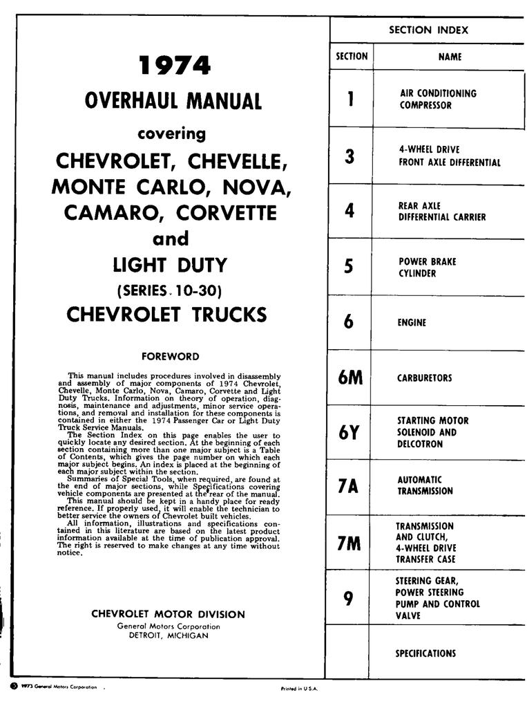 1974 Chevrolet Passenger Car & Light Duty Truck Overhaul Manual