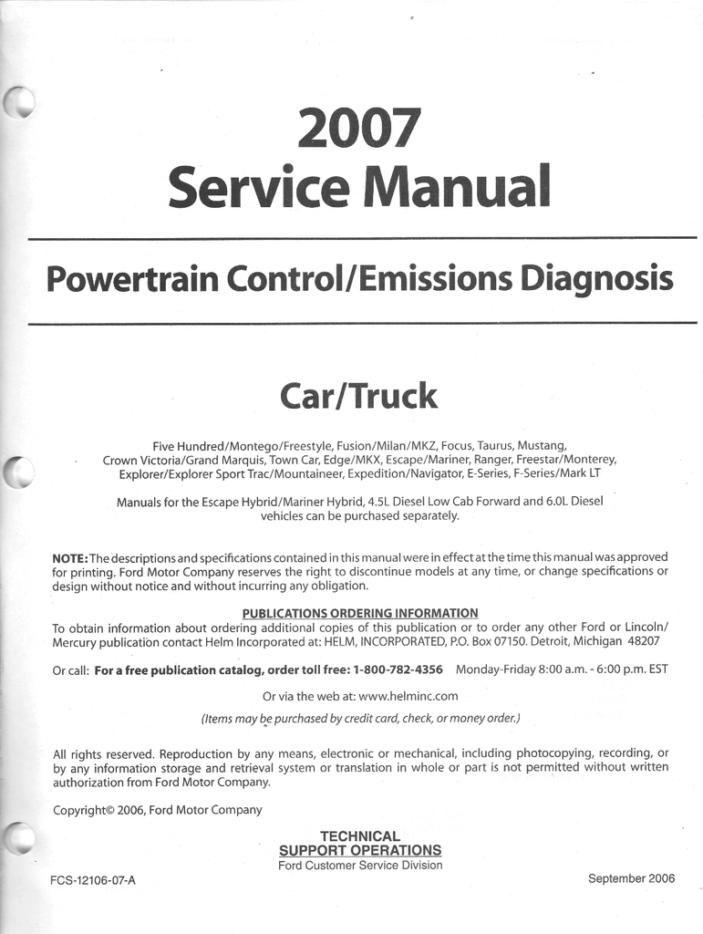 2007 Ford Car/Truck Powertrain Control/Emissions Diagnosis Original OEM Factory Service Manual