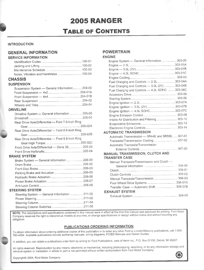 2005 Ford Ranger Workshop Service Manual