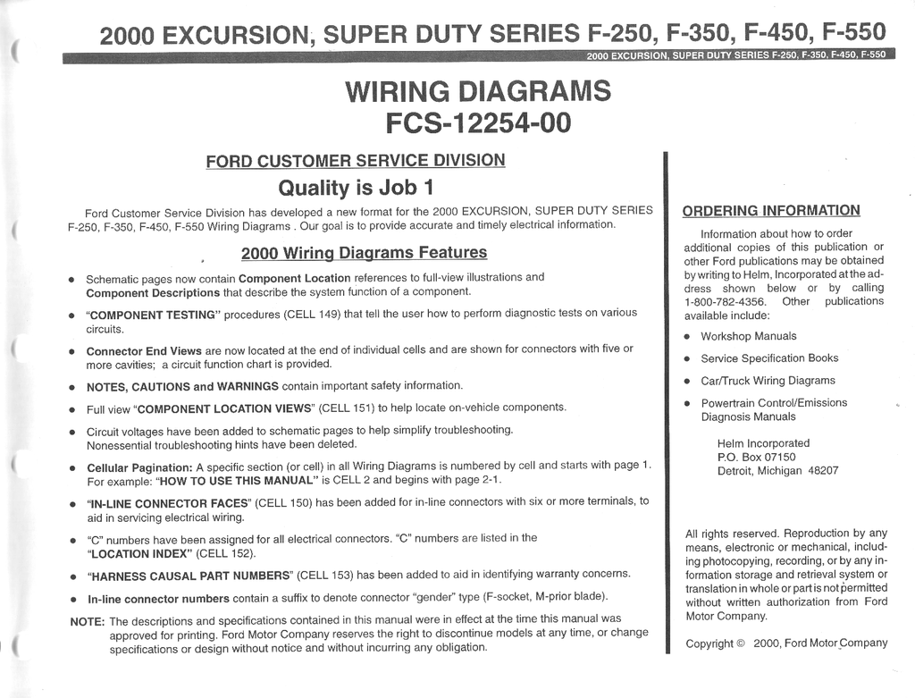 2000 Ford F-250, F-350, F-450, F-550 Super Duty & Excursion Factory Electrical Wiring Diagrams Manual