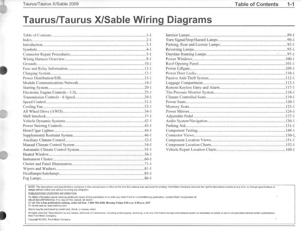 2009 Ford Taurus, Taurus X & Mercury Sable Factory Electrical Wiring Diagrams Manual