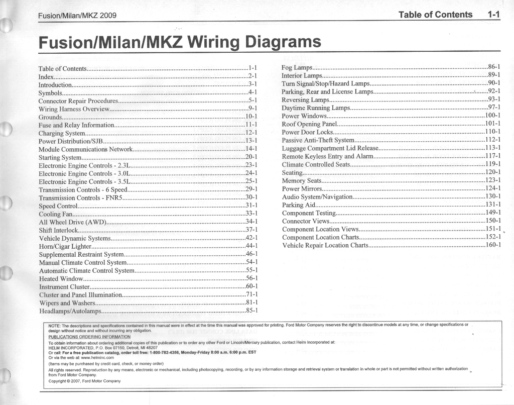 2009 Ford Fusion, Mercury Milan, Lincoln MKZ Factory Electrical Wiring Diagrams Manual