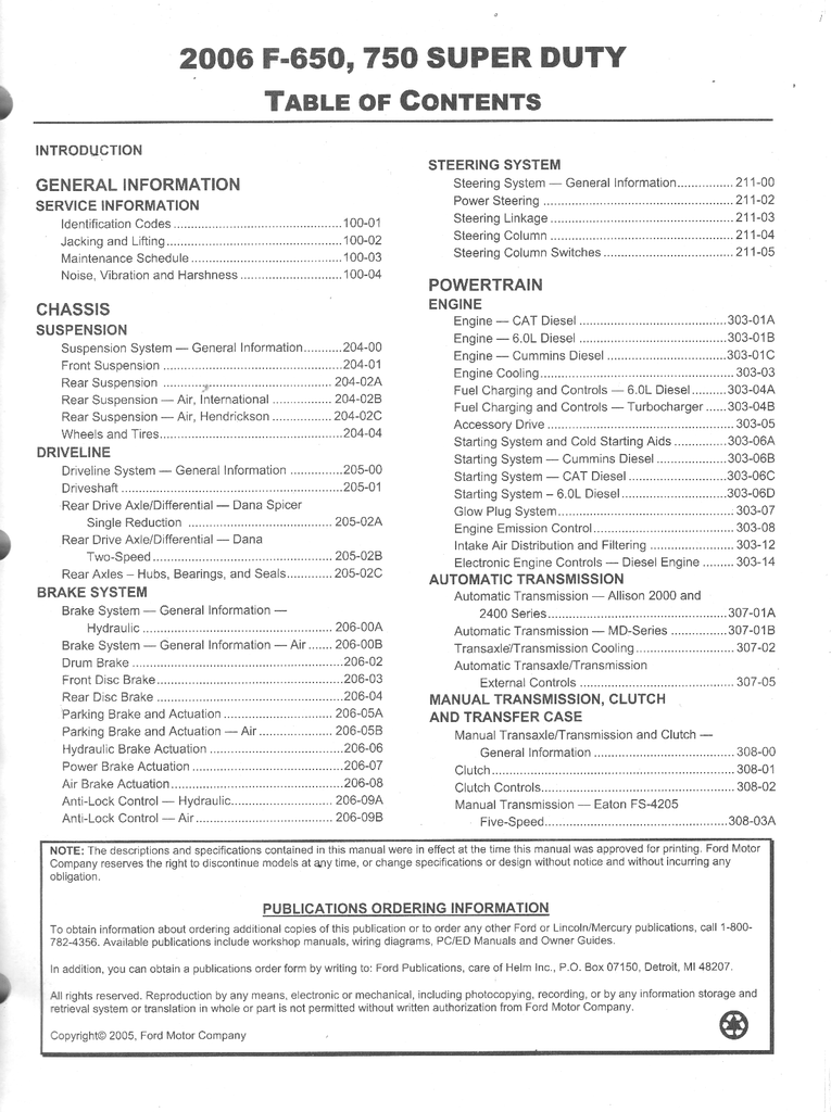 2006 Ford F-650, F-750 Super Duty Factory Workshop Service Manual