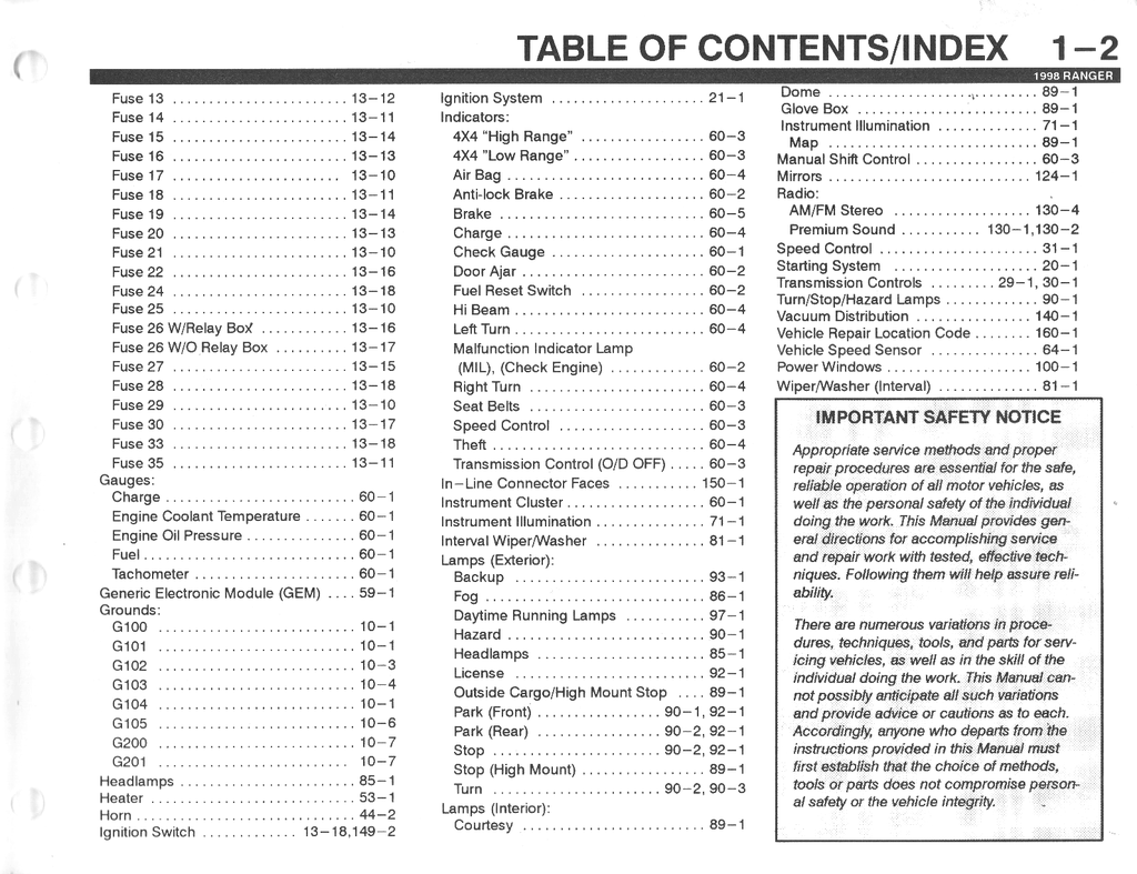 1998 Ford Ranger Electrical & Vacuum Troubleshooting Wiring Diagrams Shop Service Repair Manual EVTM