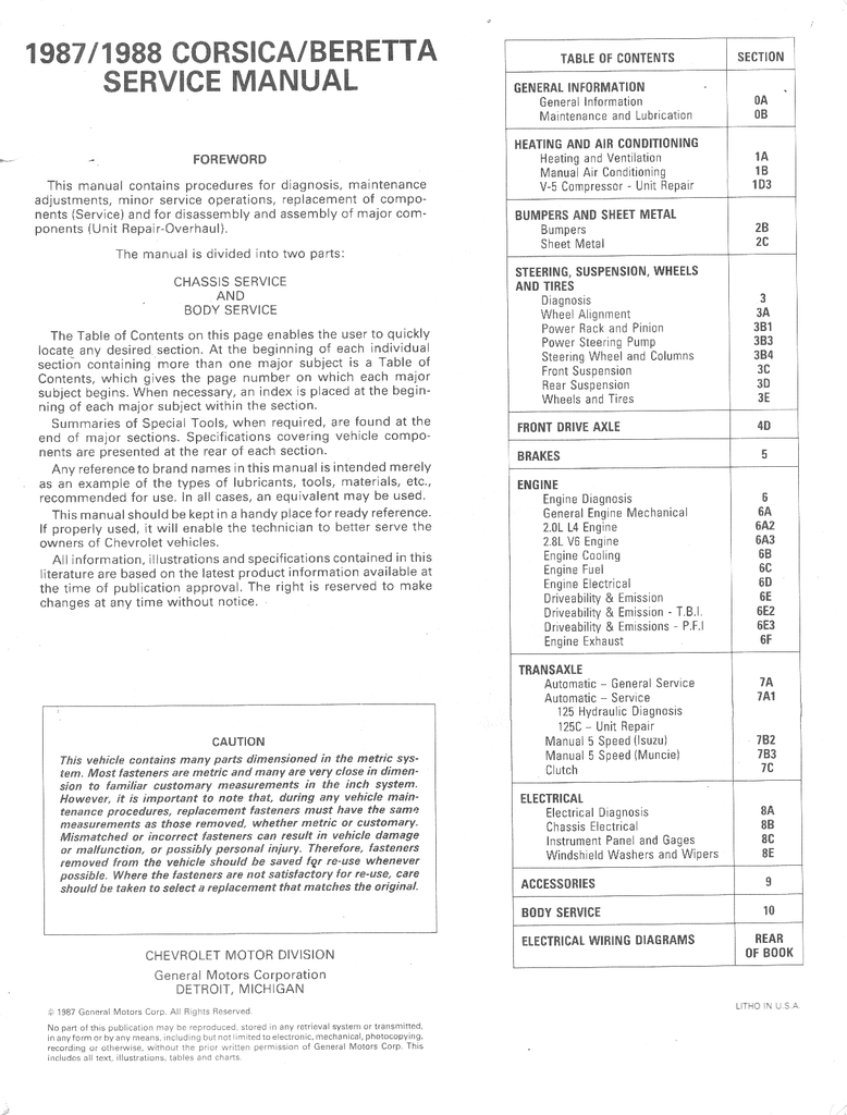 1987/1988 Chevrolet Corsica/Beretta Factory Shop Repair Service Manual GT