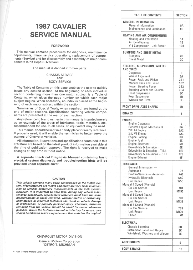 1987 Chevrolet Cavalier Factory Shop Repair Service Manual
