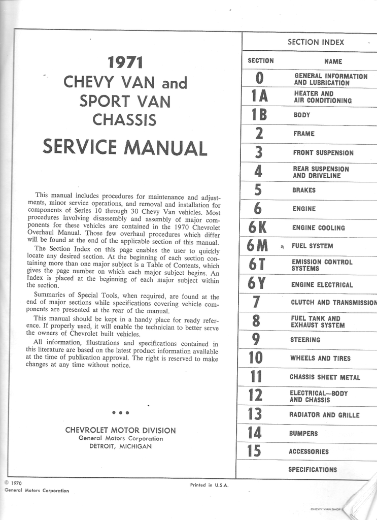 1971 Chevrolet Chevy Van, Sport Van Factory Shop Repair Service Manual