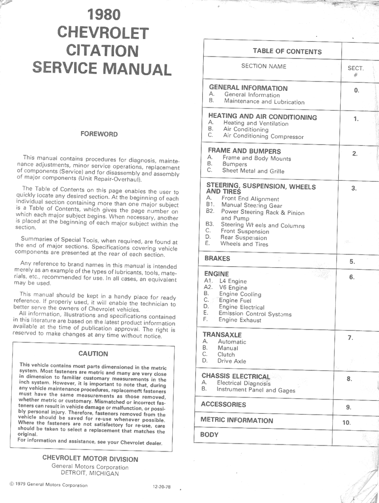 1980 Chevrolet Citation Factory Shop Repair Service Manual
