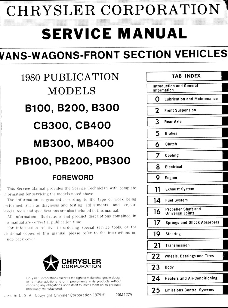 1980 Dodge Sportsman and Plymouth Voyager Full-Size Van Shop Maintenance Repair Service Manual