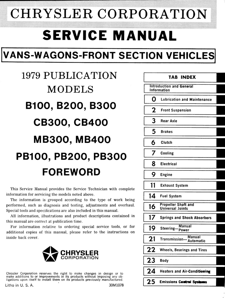 1979 Dodge Sportsman and Plymouth Voyager Full-Size Van Shop Maintenance Repair Service Manual (copy)