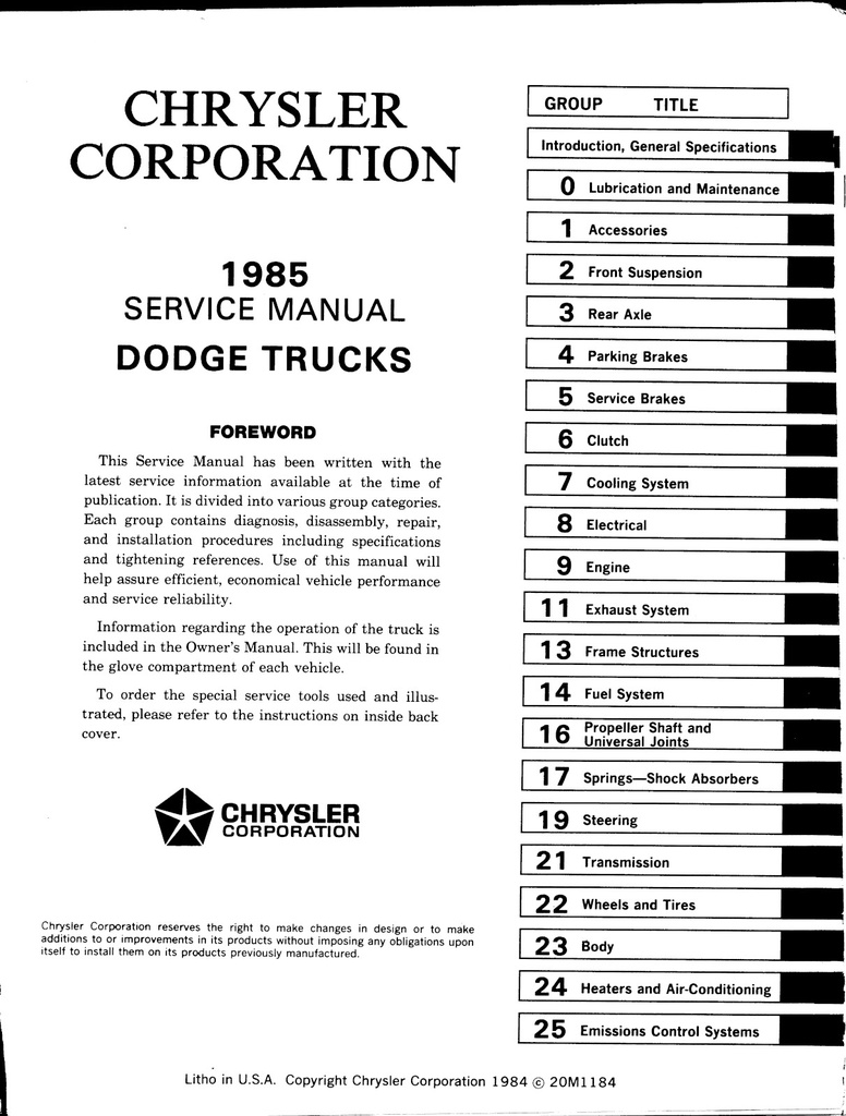 1985 Dodge 100–350 Ram Pickup Trucks and Ramcharger SUV 2x4 and 4x4 Shop Maintenance Repair Service Manual
