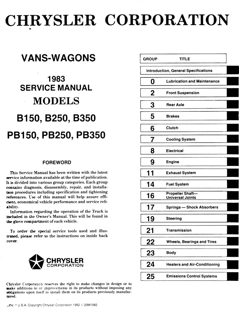 1983 Dodge Ram and Plymouth Voyager Full-Size Van Shop Maintenance Repair Service Manual